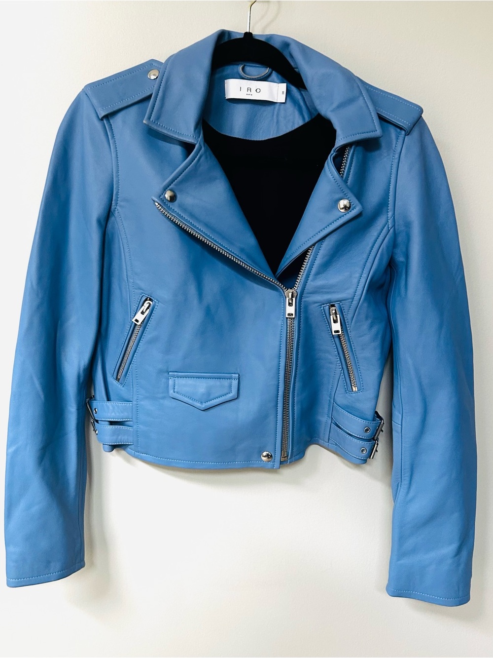 Iro Asheville Azure Blue Women’s Euro 38 US 6 Leather Moto Jacket VGC